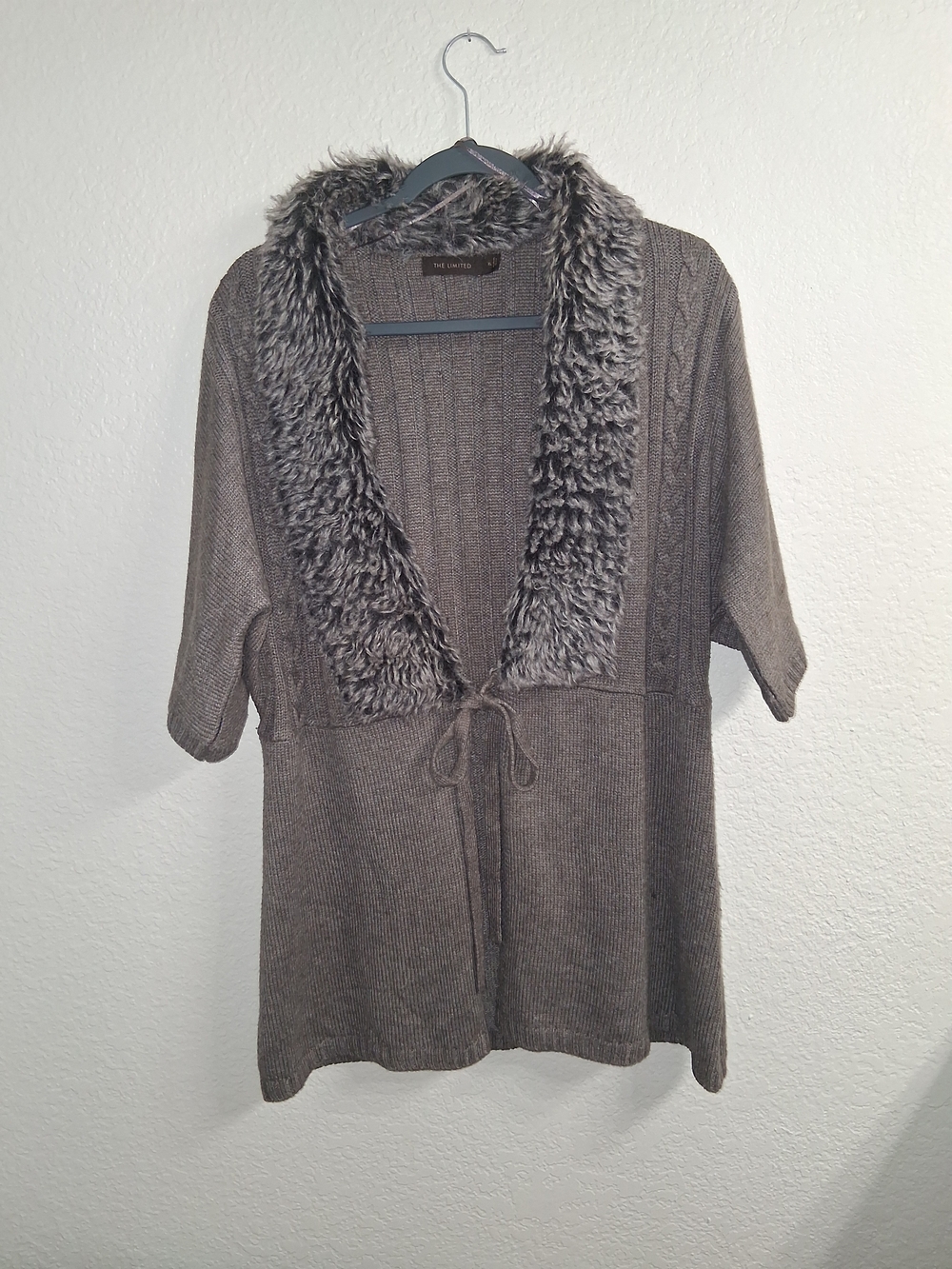 The Limited Brown Knit Cardigan with Faux Fur Shawl Collar